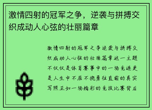 激情四射的冠军之争，逆袭与拼搏交织成动人心弦的壮丽篇章